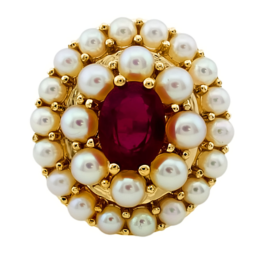 9ct Gold Ruby / Pearl Cluster Ring size J